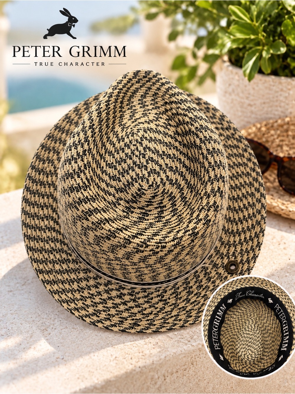 Peter Grimm Black Tan Woven Straw Fedora Trilby Hat Classic Summer